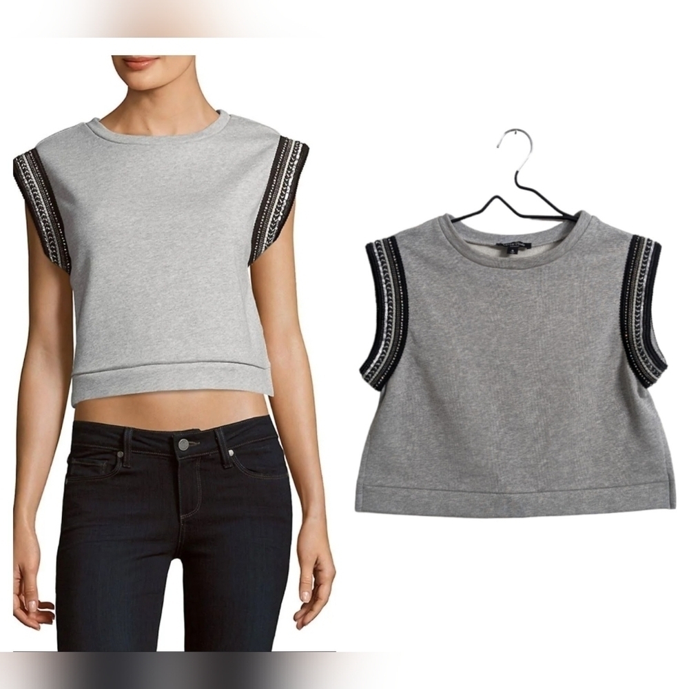 Lea & Viola Lounge Women Gray Cropped Top Sleeveless Beaded Sequins Trim Size S